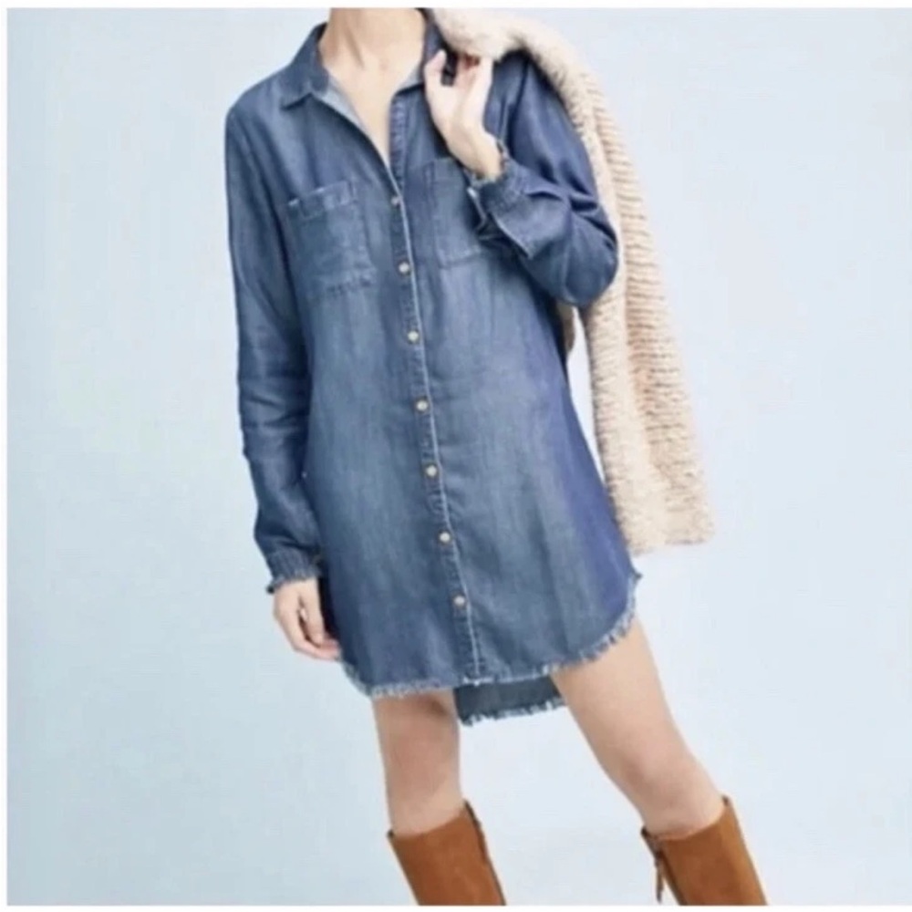 Anthropology Cloth & Stone Blue Denim long sleeve hi low dress with raw hem